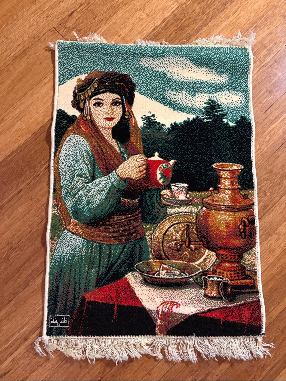 Made in Iran Persian Pictorial Rug Wall Hanging Tea Lady Samovar 28x39